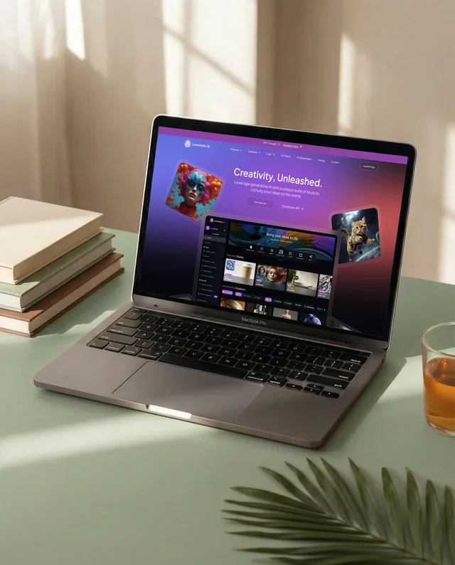 Sleek MacBook Mockup on Green Desk with Tropical Vibes