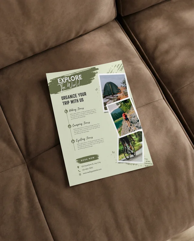 Elegant Mockup of a Flyer on a Cozy Couch Scene