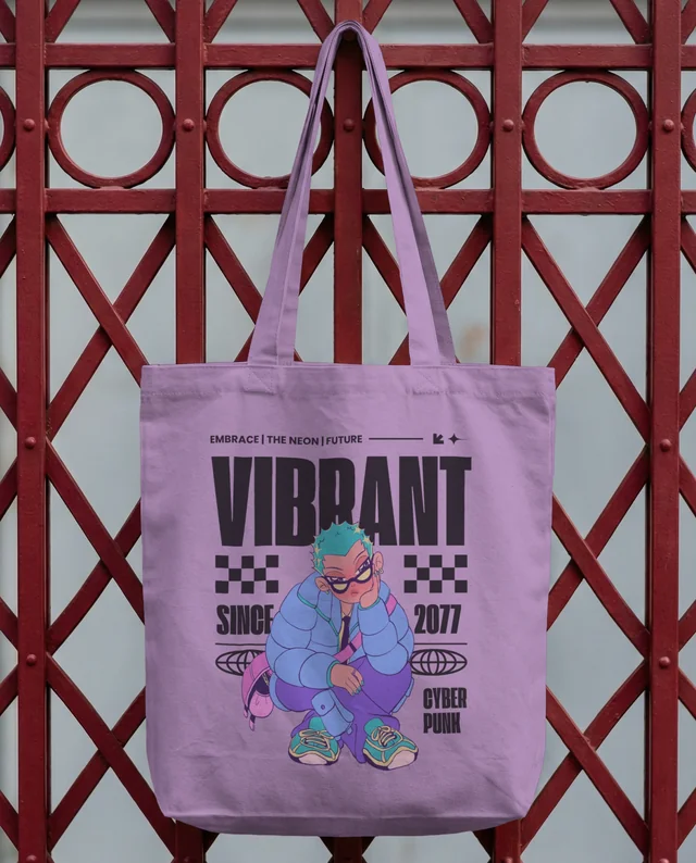 Beige Canvas Tote Bag Mockup Against Bold Red Gate