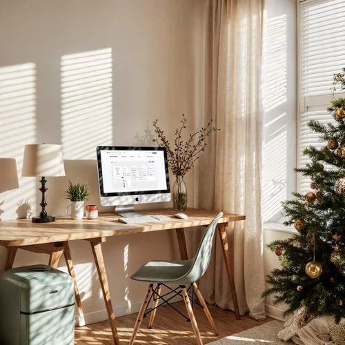 Cozy Home Office Mockup Featuring iMac and Festive Decor