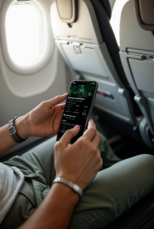 Realistic iPhone Mockup in Airplane Cabin Setting
