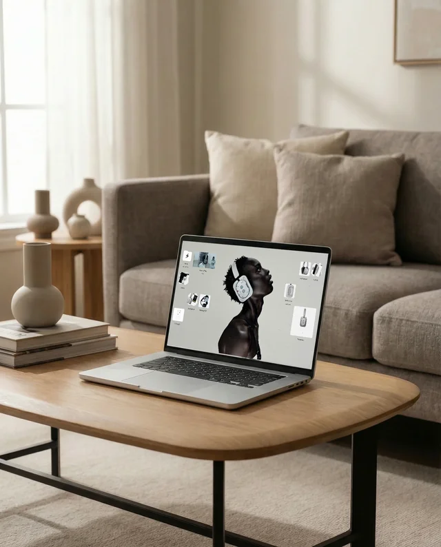 Modern Living Room Mockup with MacBook on Coffee Table