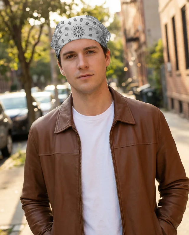 Stylish Young Man in Brown Jacket with Bandana Mockup