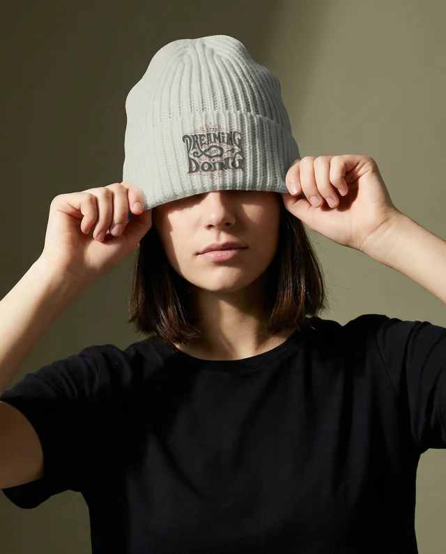 Playful Young Woman in Ribbed White Beanie Mockup