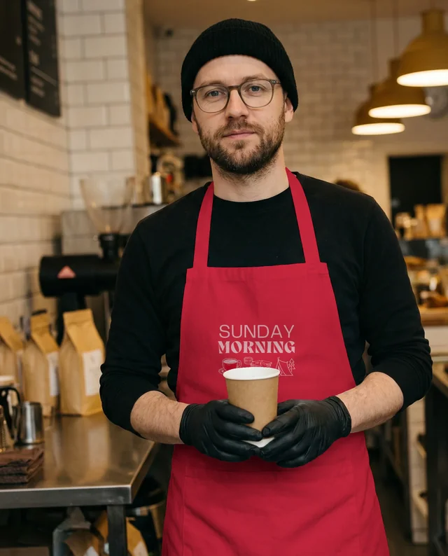 Young Barista in Stylish Coffee Shop with Apron Mockup