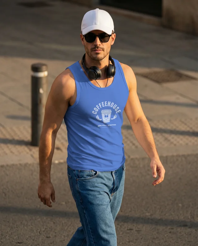 Confident Man in White Tank Top Urban Mockup Scene