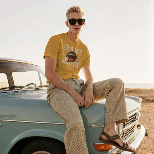 Stylish T-Shirt Mockup with Light Blue Car and Sunset Colors