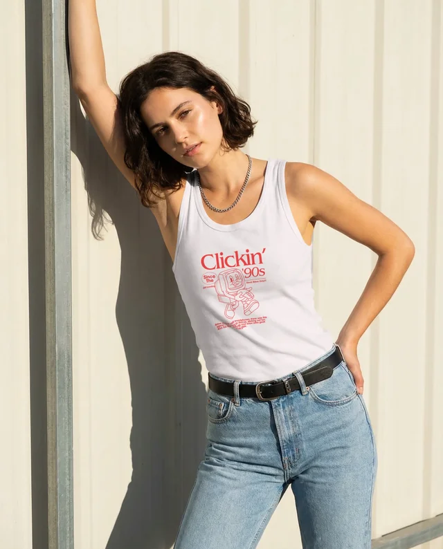 Confident Woman in Stylish Tank Top Mockup Against Wall