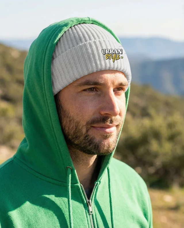Serene Young Man in Beanie Mockup Surrounded by Nature