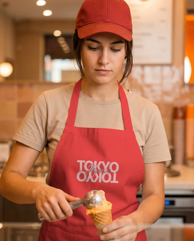 Young Woman in Apron Serving Ice Cream Mockup