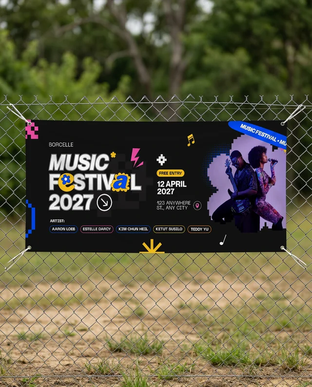 Blank White Banner Mockup on Chain-Link Fence Outdoors