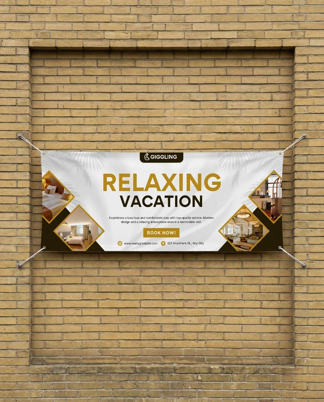 Blank White Banner Mockup on Yellow Brick Wall