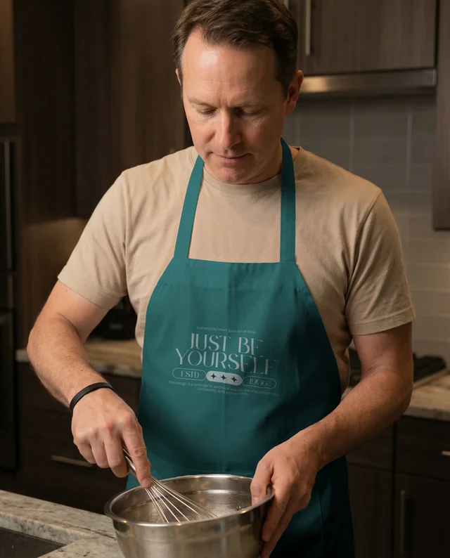 Middle-aged Man in Apron Whisking Ingredients Mockup
