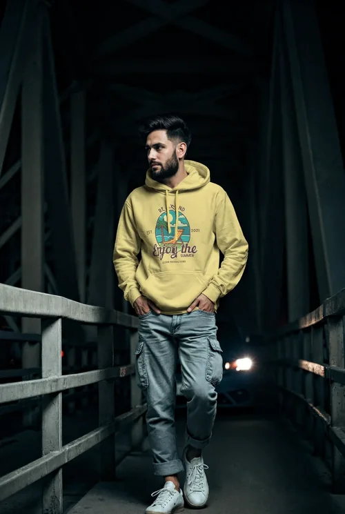 Urban Mockup with Dark Background and Colorful Hoodie