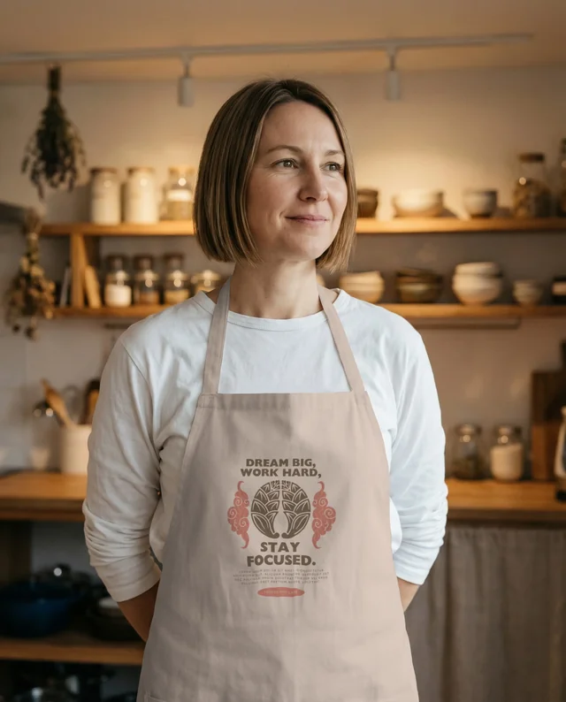 Warm Kitchen Mockup Featuring a Confident Woman in Apron