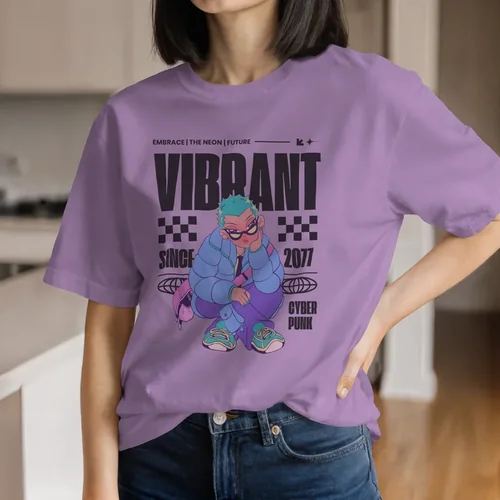Casual T-Shirt Mockup of Young Woman in Modern Kitchen