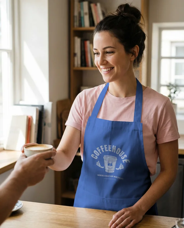 Cheerful Woman in Apron Serving Coffee Mockup in Kitchen