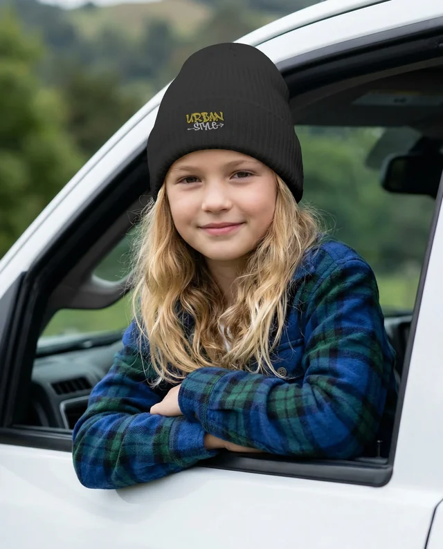 Young Girl in Beanie Smiling from Vehicle Mockup