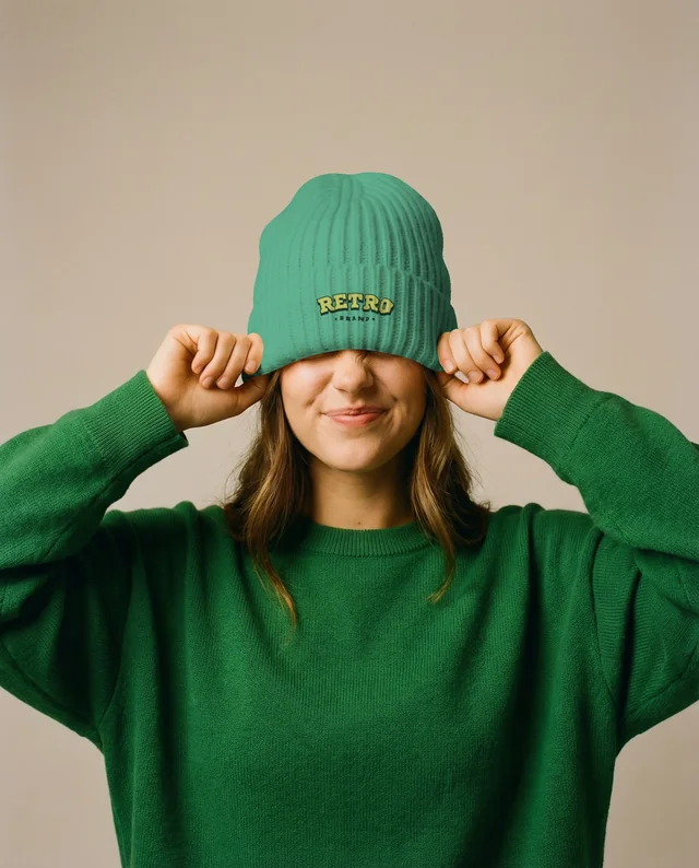 Playful Young Woman in Cozy Beanie Mockup Scene