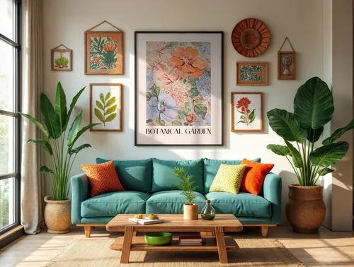 Colorful Mockup of Cozy Living Room Poster with Teal Sofa