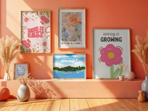 Cozy Mockup Poster with Coral Background and Warm Colors