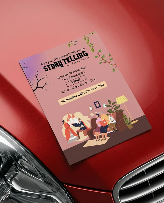 Glossy Red Car Hood Mockup with Flyer Display