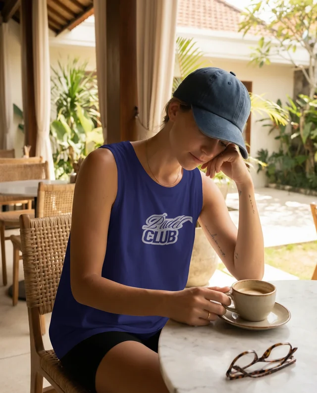 Contemplative Woman in Casual Tank Top Mockup at Café