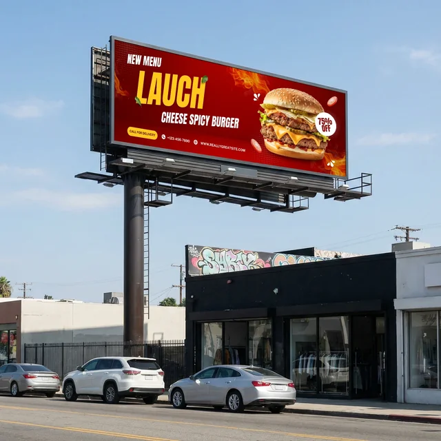 Urban Billboard Mockup Against Clear Blue Sky
