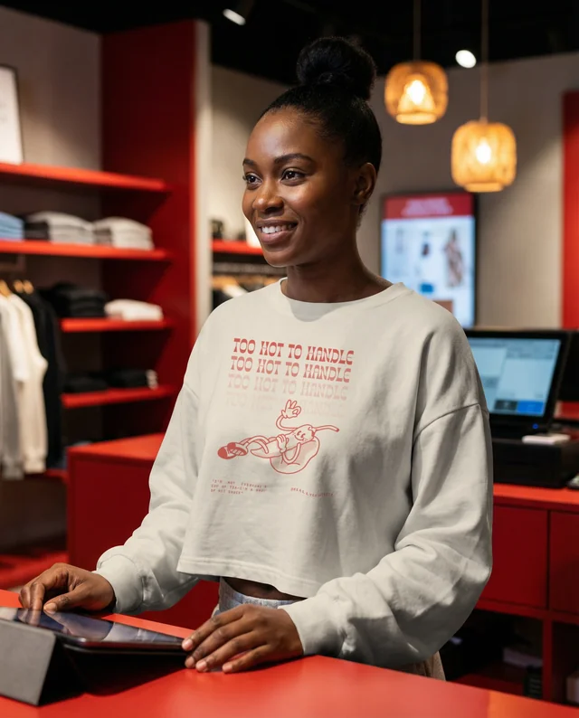 Young Woman in Crop Top Mockup at Retail Counter