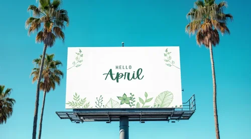 Vibrant Billboard Mockup Against Blue Sky and Palm Trees