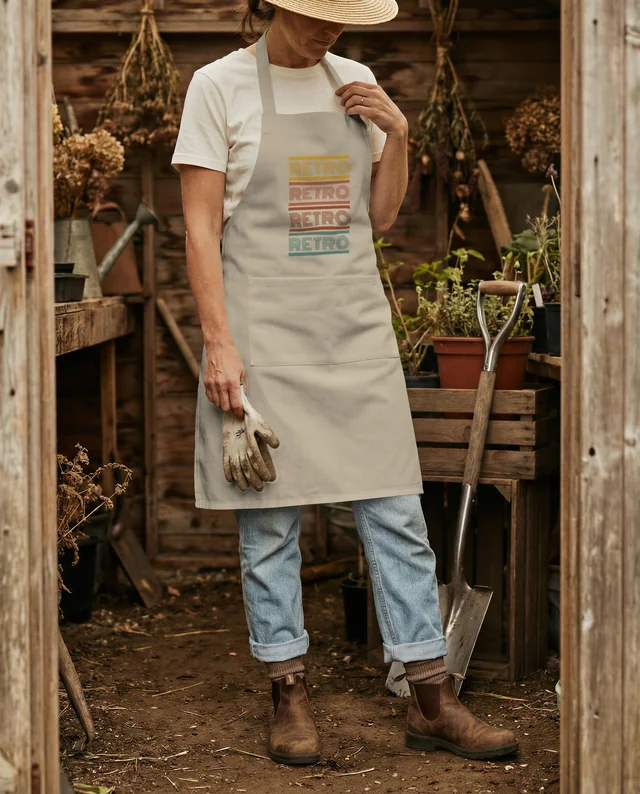 Charming Woman in Apron Mockup in Rustic Garden Shed