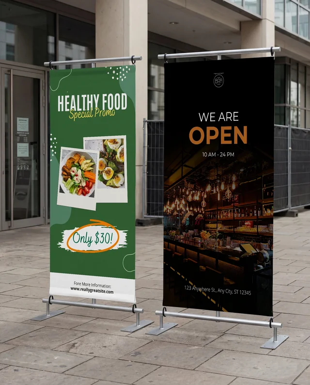 Modern Mockup of Blank Roll-Up Banners in Urban Setting