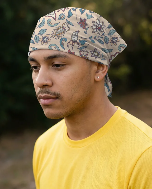 Thoughtful Young Man in Light Purple Bandana Mockup
