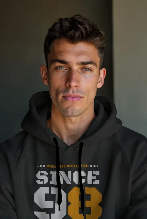 Mockup of Confident Young Man in Cream Hoodie with Soft Background