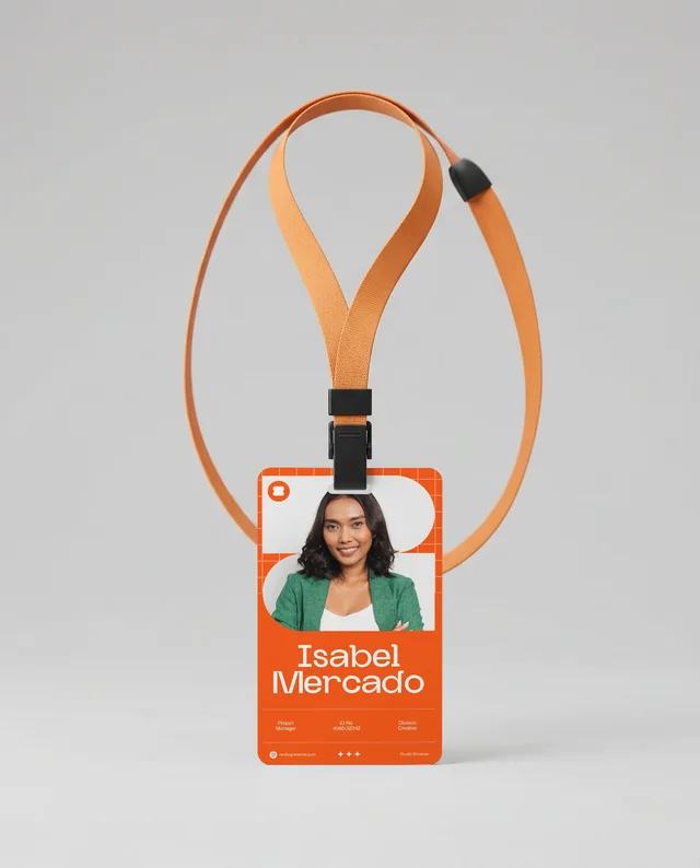 Blank ID Card Mockup with Vibrant Orange Lanyard