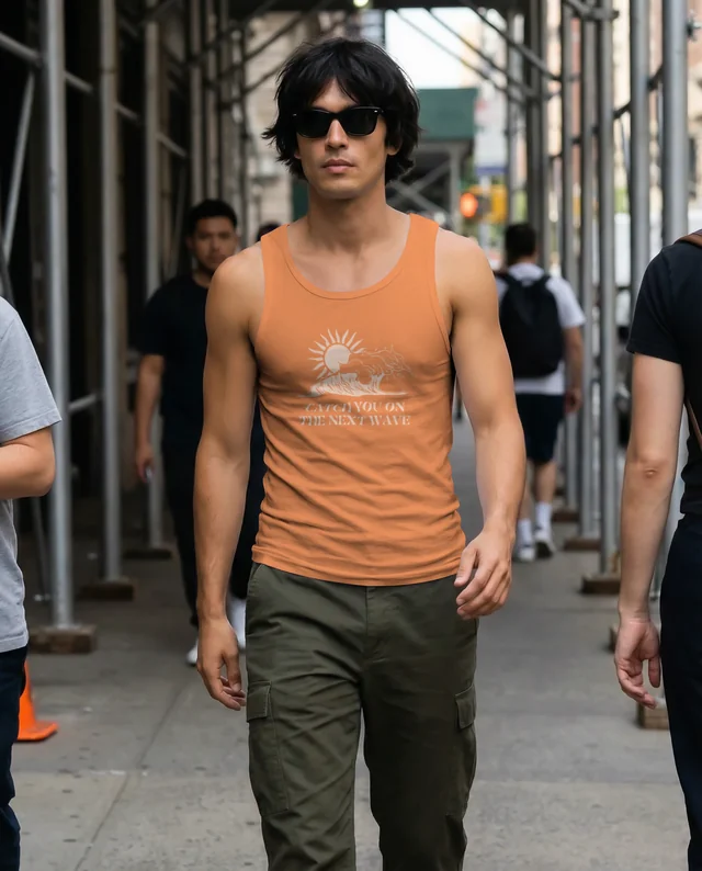 Young Man in Stylish Tank Top Mockup on City Sidewalk
