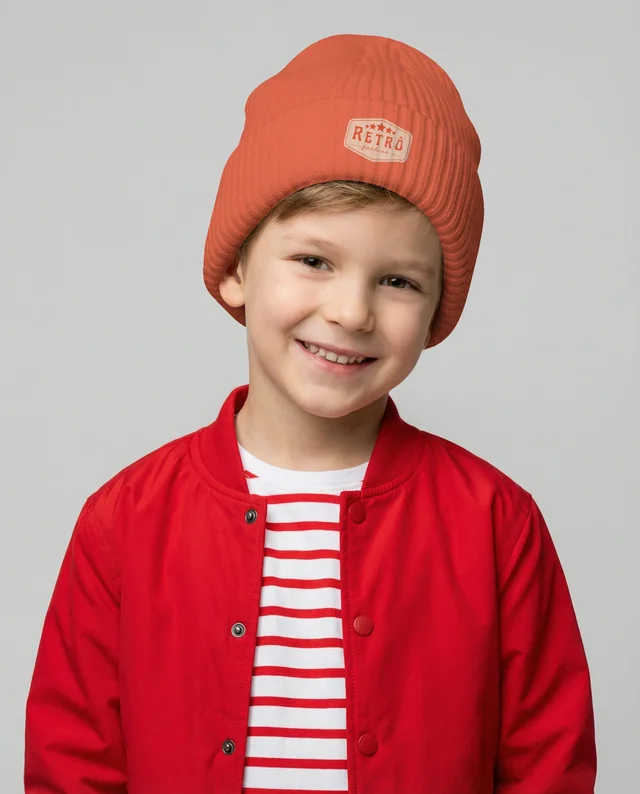 Cheerful Boy in White Beanie and Red Bomber Jacket Mockup