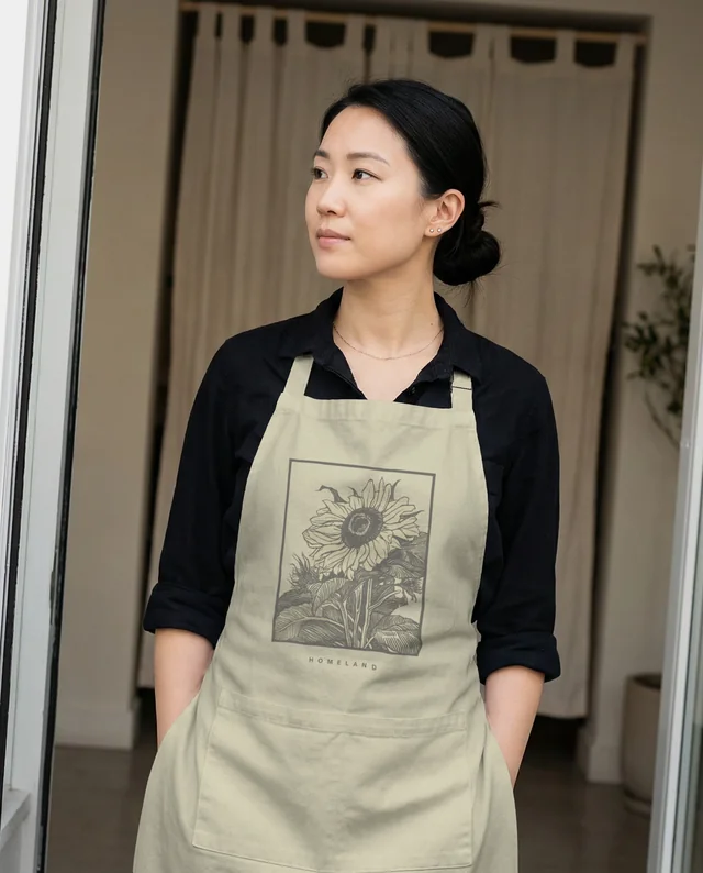 Elegant Mockup of Woman in Gray Apron by Doorway