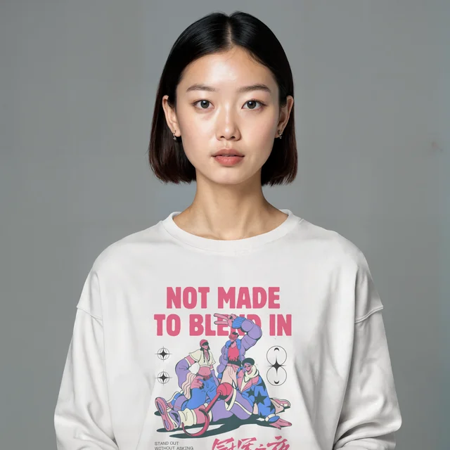 Mockup of a Young Woman in a Beige Sweatshirt