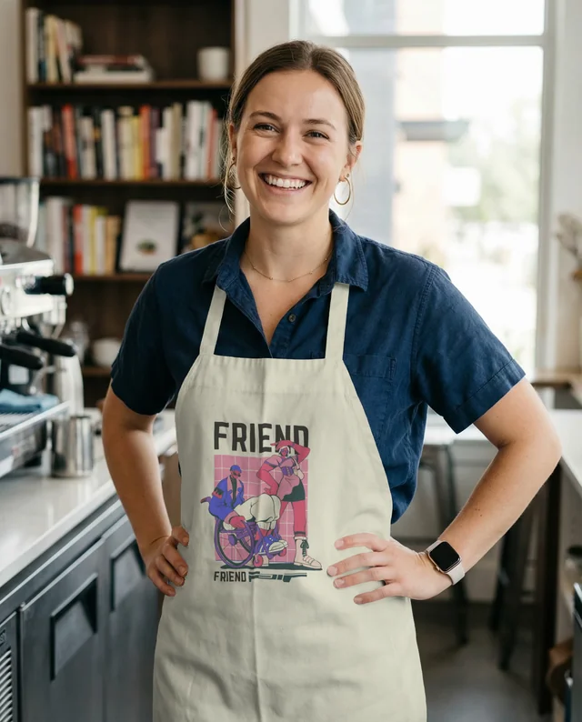 Young Woman in Cozy Coffee Shop Mockup with Apron