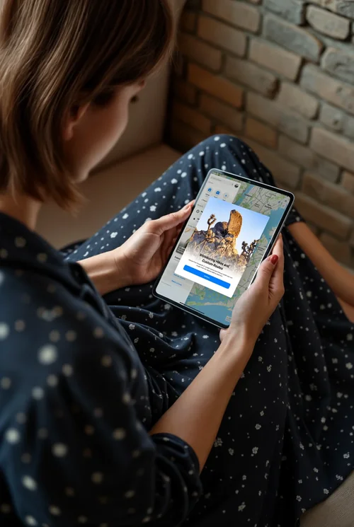 Casual iPad Mockup: Woman Interacting with Device