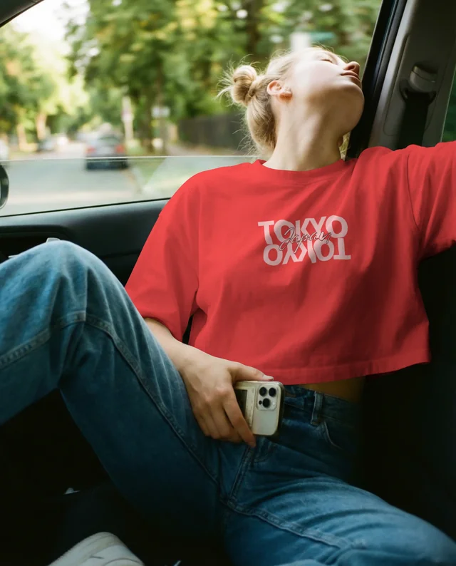 Relaxed Young Woman in Crop Top Mockup in Car