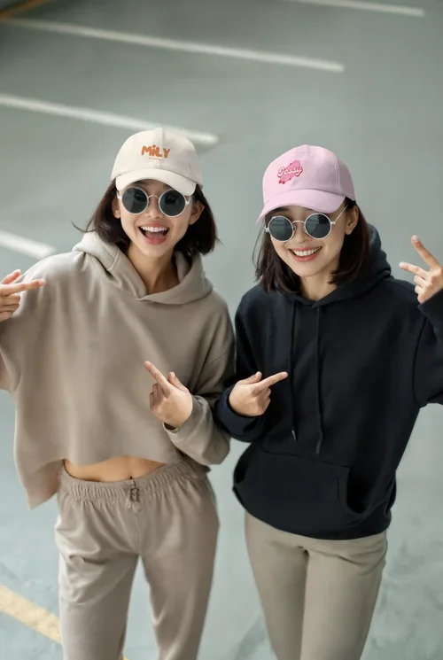 Trendy Hat Mockup with Two Young Women in Streetwear