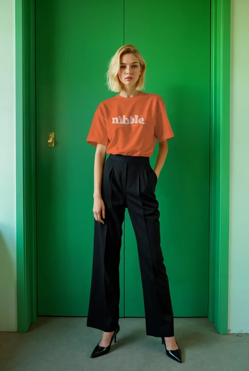 Stylish T-Shirt Mockup Against Bold Green Door