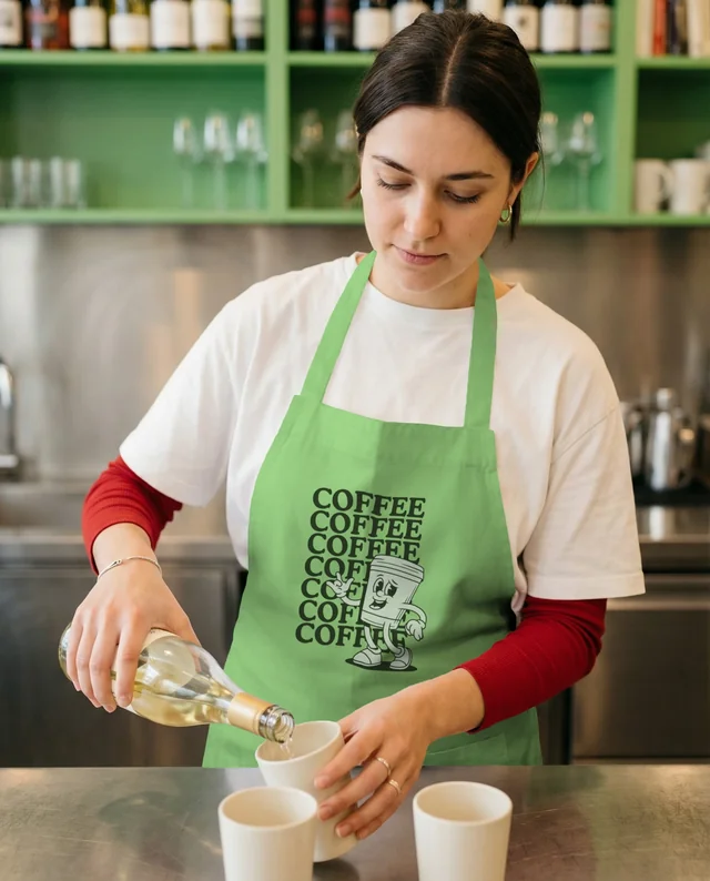 Young Woman Pouring Wine with Stylish Apron Mockup