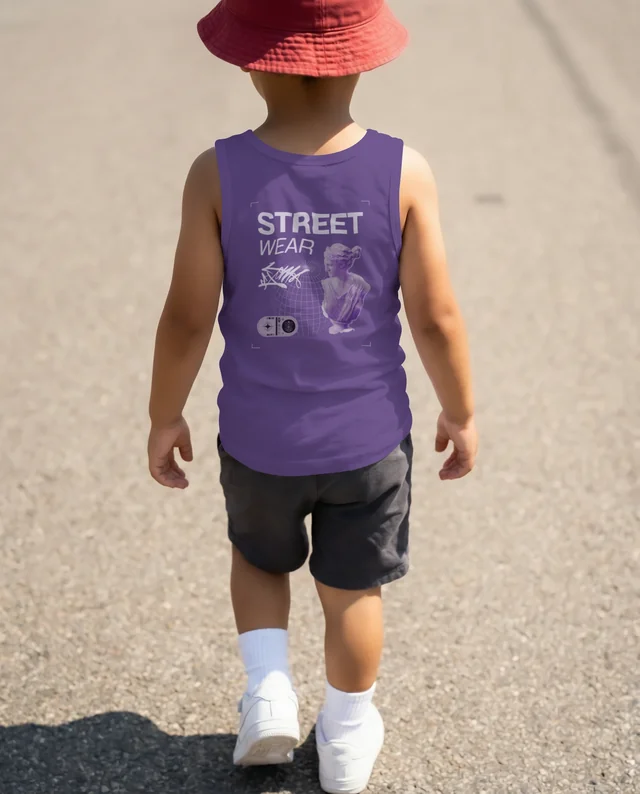Cheerful Child in Tank Top Walking on Sunlit Road Mockup