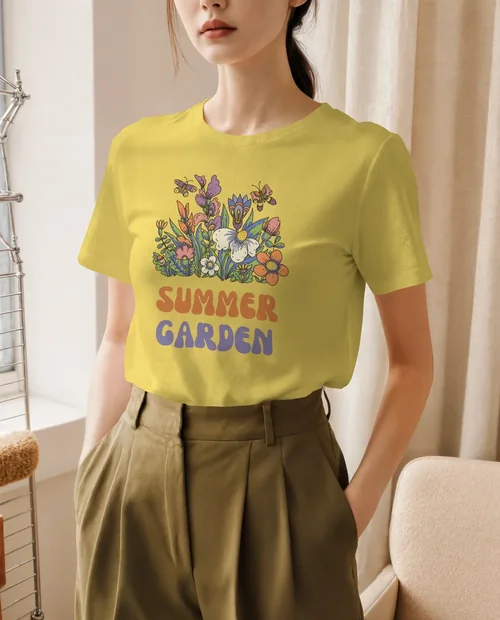 Stylish T-Shirt Mockup of Modern Woman in Minimalist Space