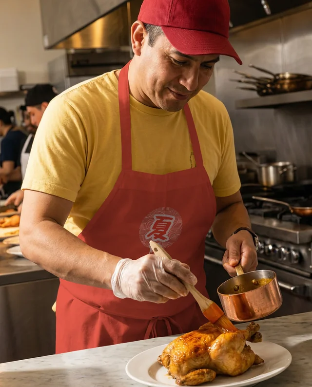 Chef in Kitchen Mockup with Apron and Roasted Chicken