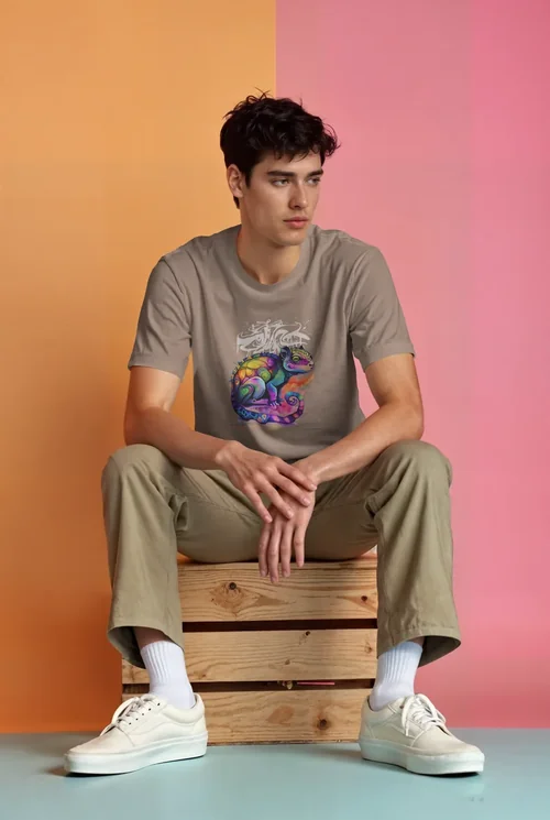 Mockup of T-Shirt with Vibrant Background in Peach and Pink