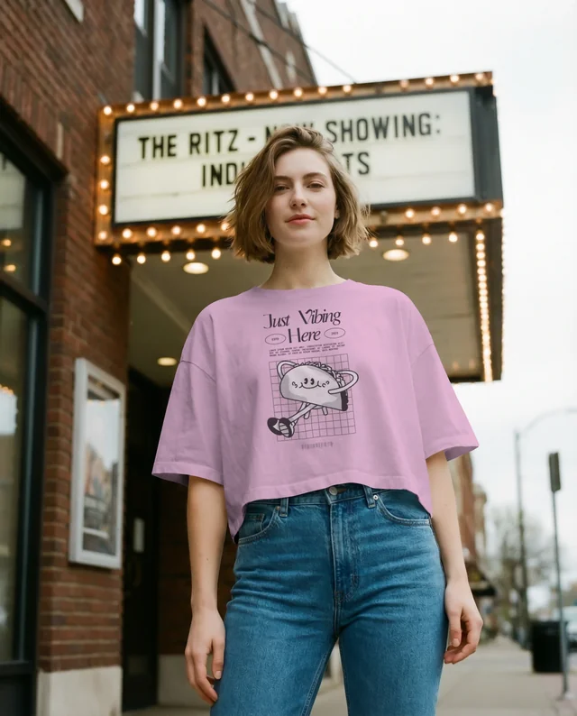 Confident Woman in Crop Top at Vintage Movie Theater Mockup